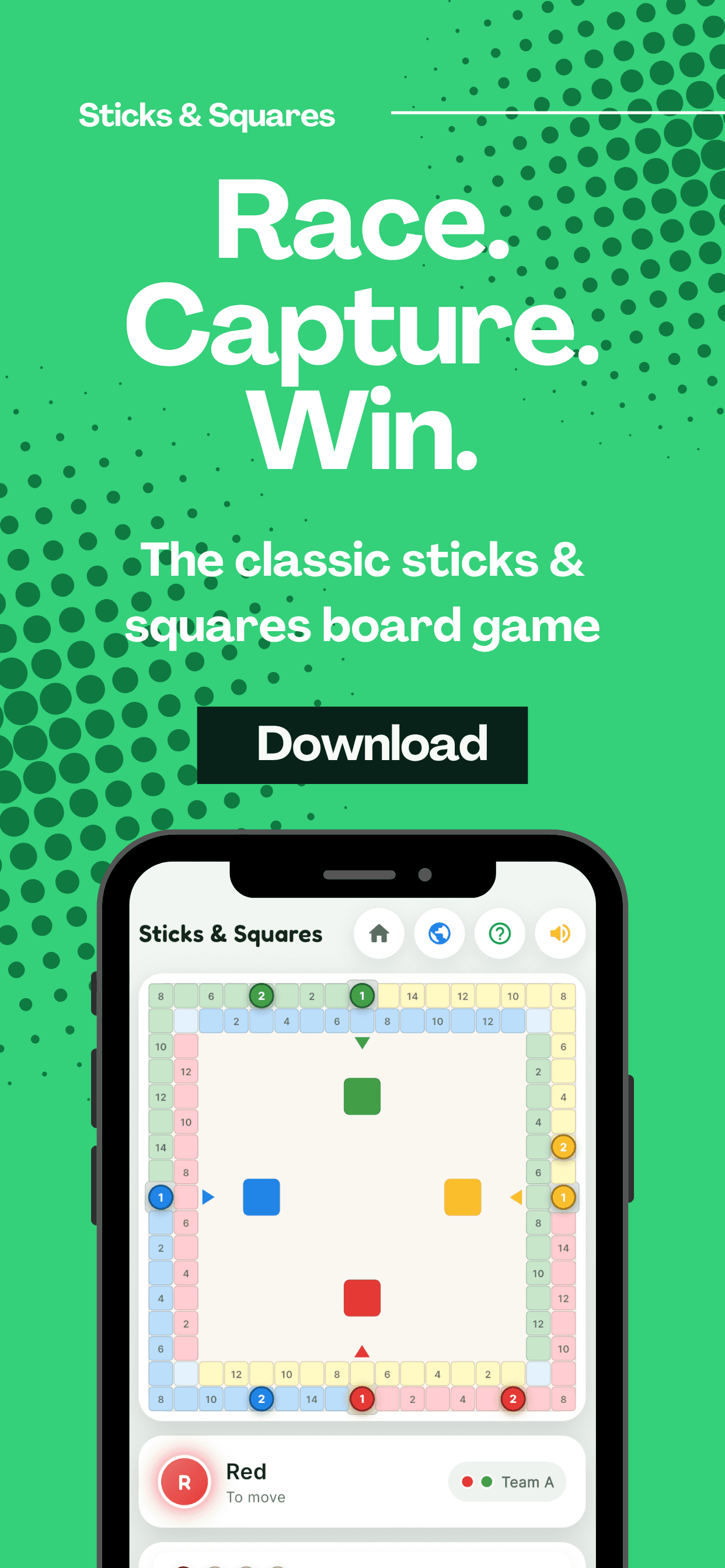 Sticks & Squares board mid-game with pieces racing home