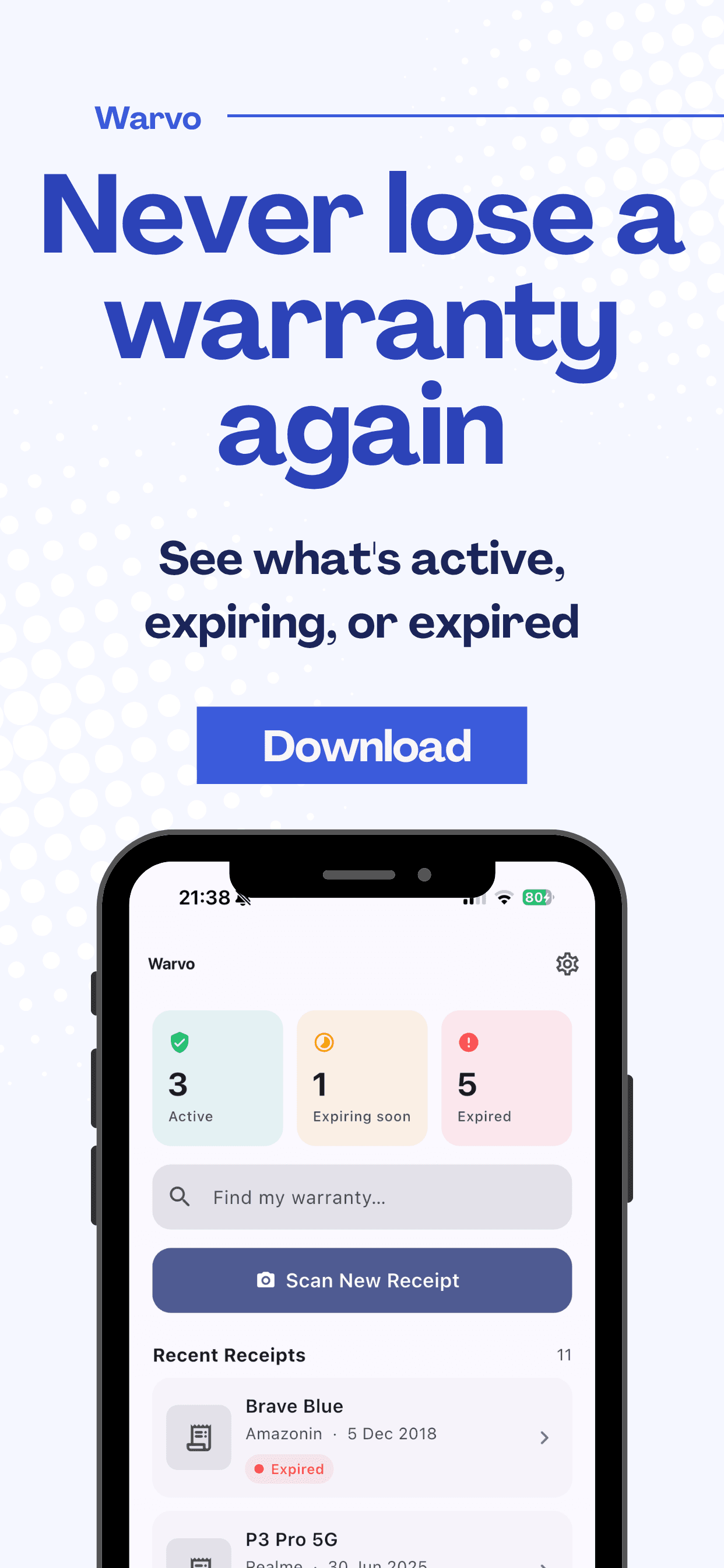 Warvo warranty dashboard showing active, expiring and expired coverage
