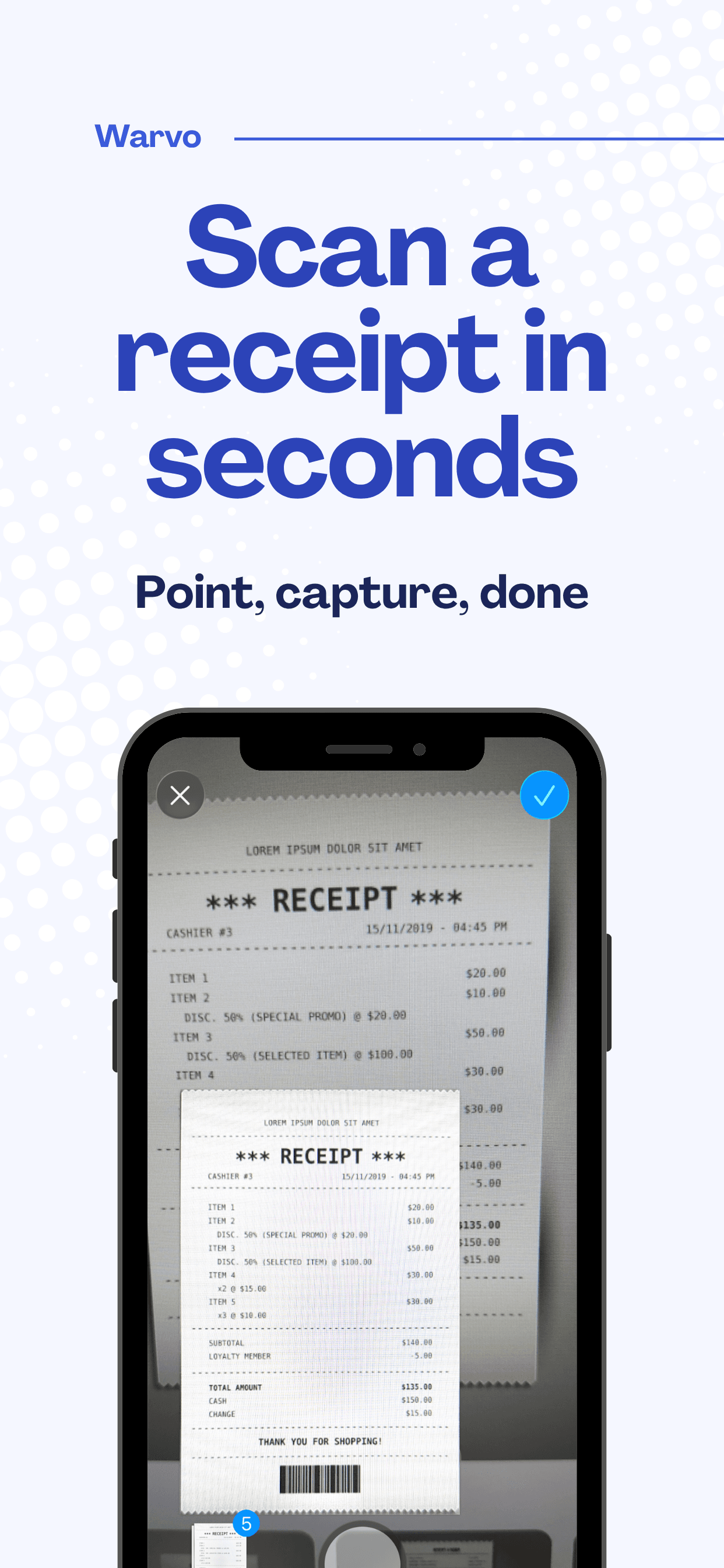 Warvo scanning a receipt and reading the details automatically