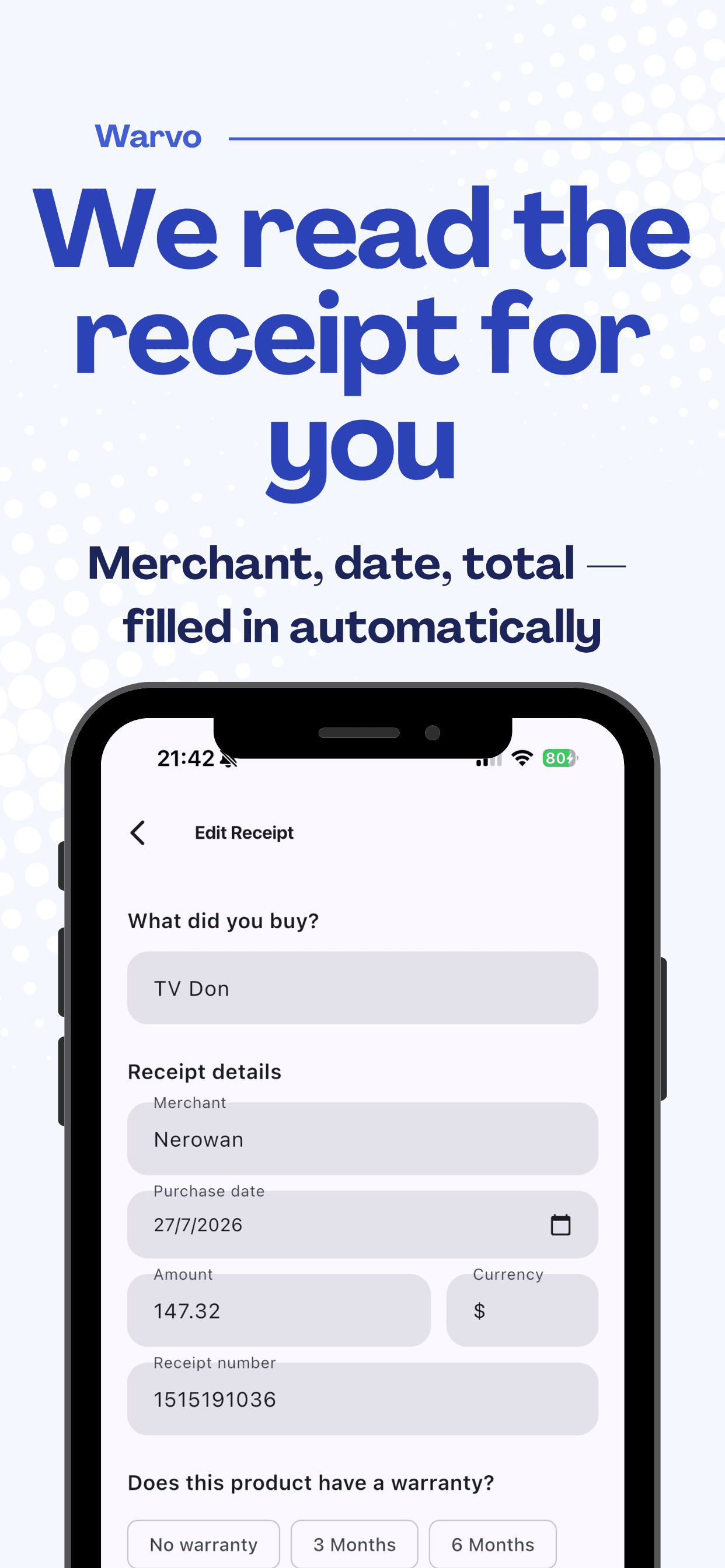 Warvo instant search across products, merchants and receipt numbers