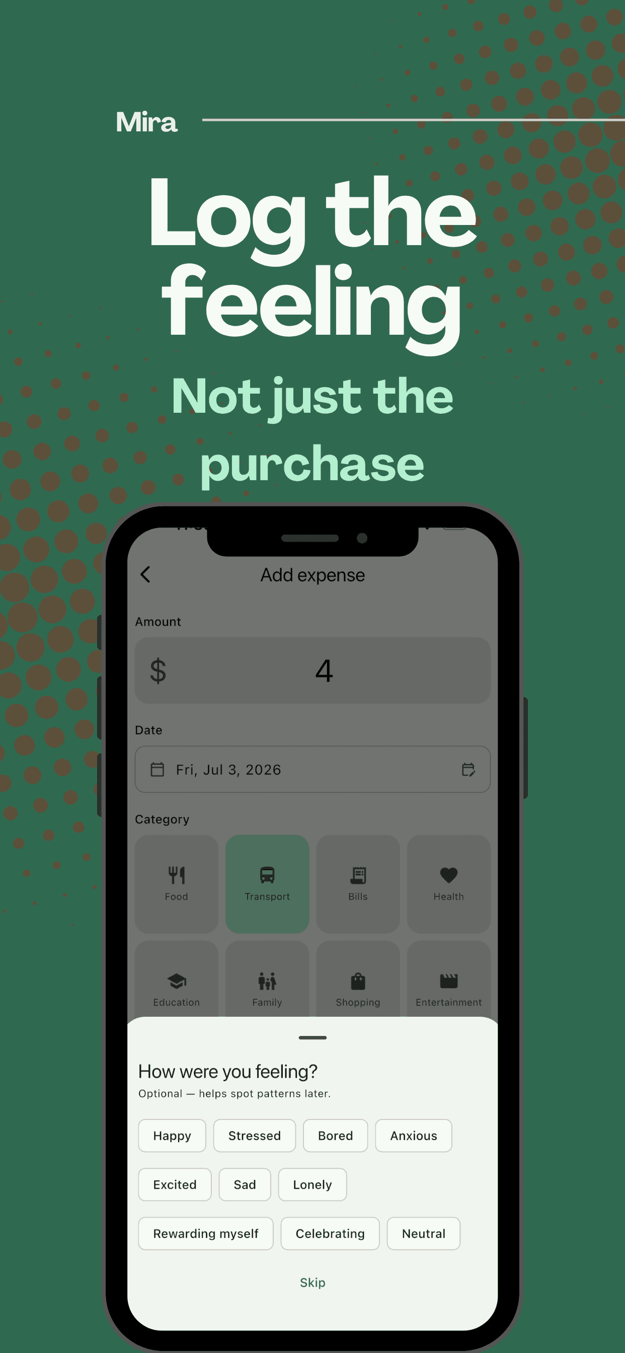 Mira feelings screen showing spending broken down by the emotion behind each purchase