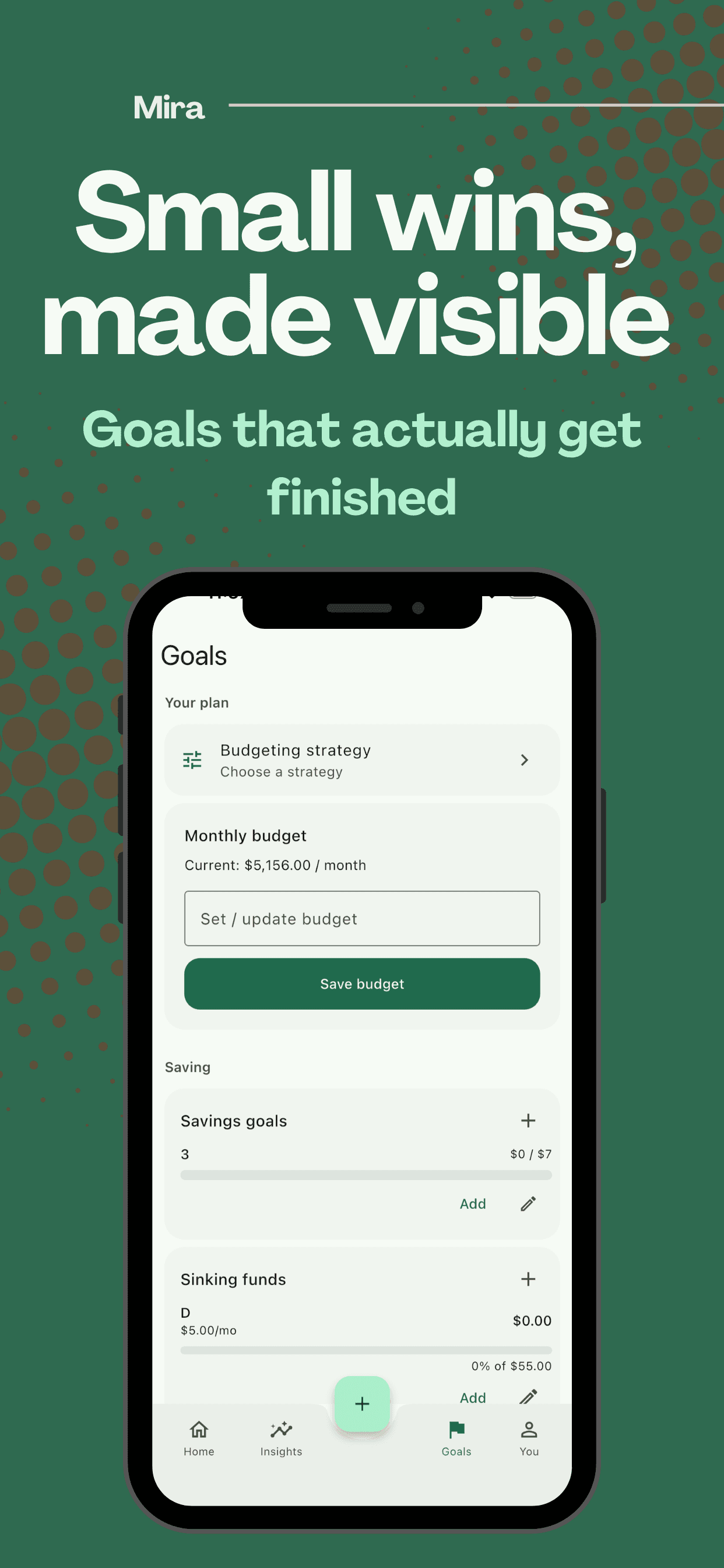 Mira goals screen showing savings targets and progress at a glance