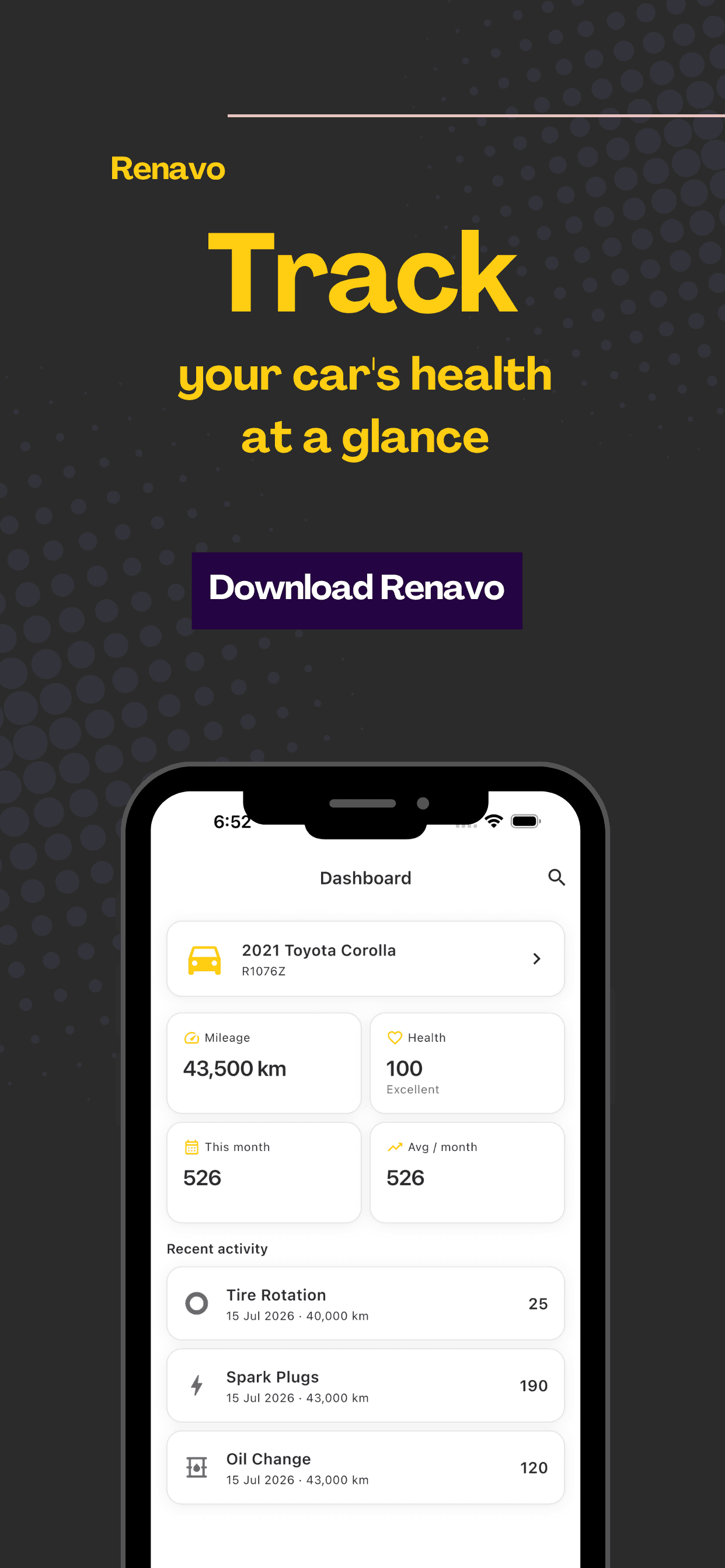 Renavo dashboard showing a car health score and upcoming alerts
