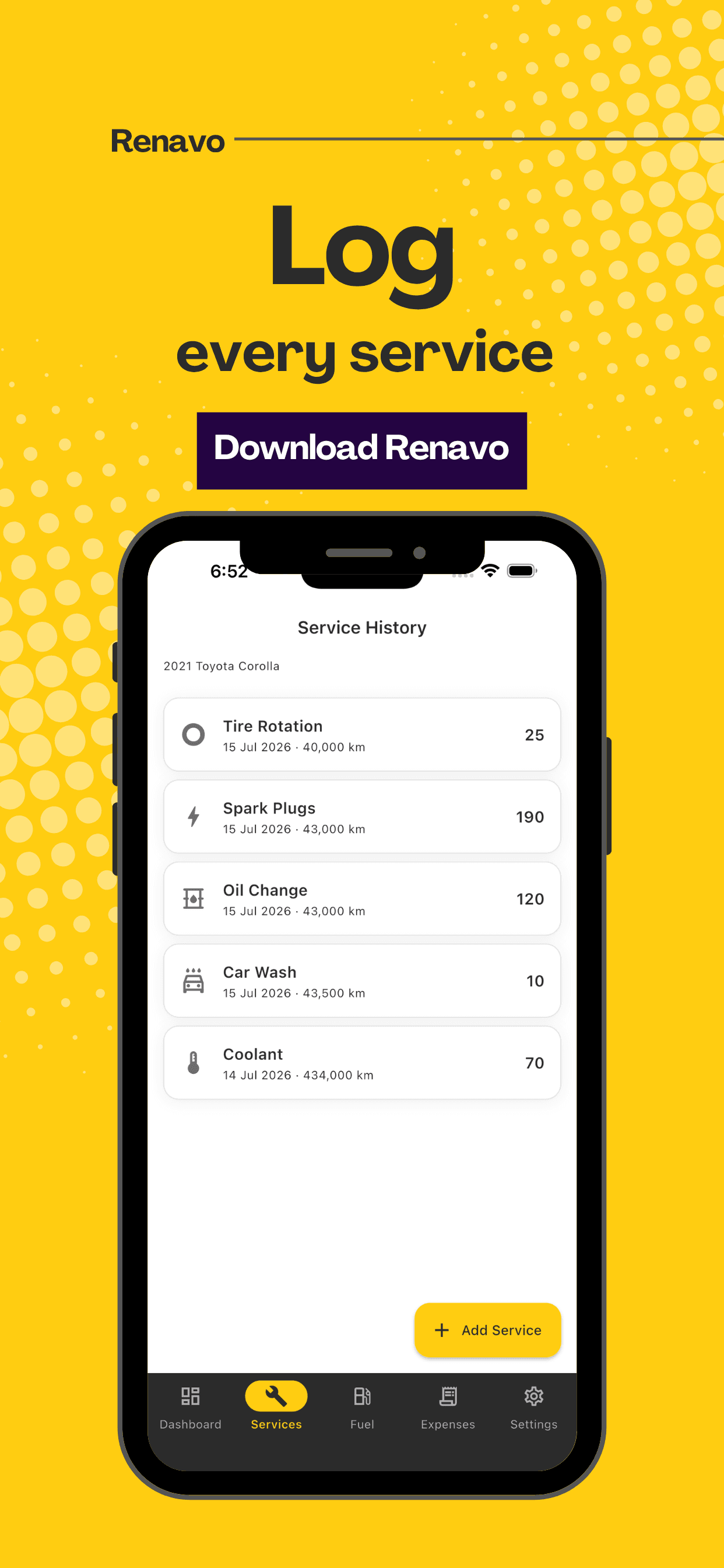 Renavo service history with dates, mileage, cost and attached invoices