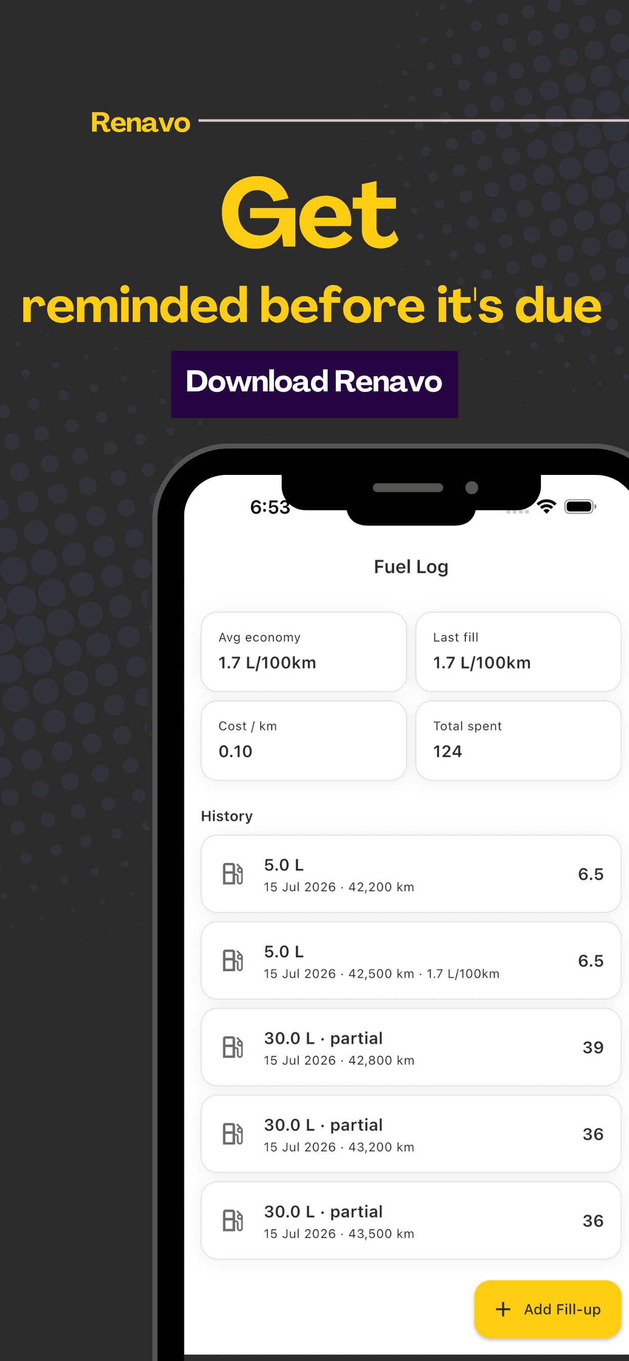Renavo fuel and expense tracking with monthly and average costs