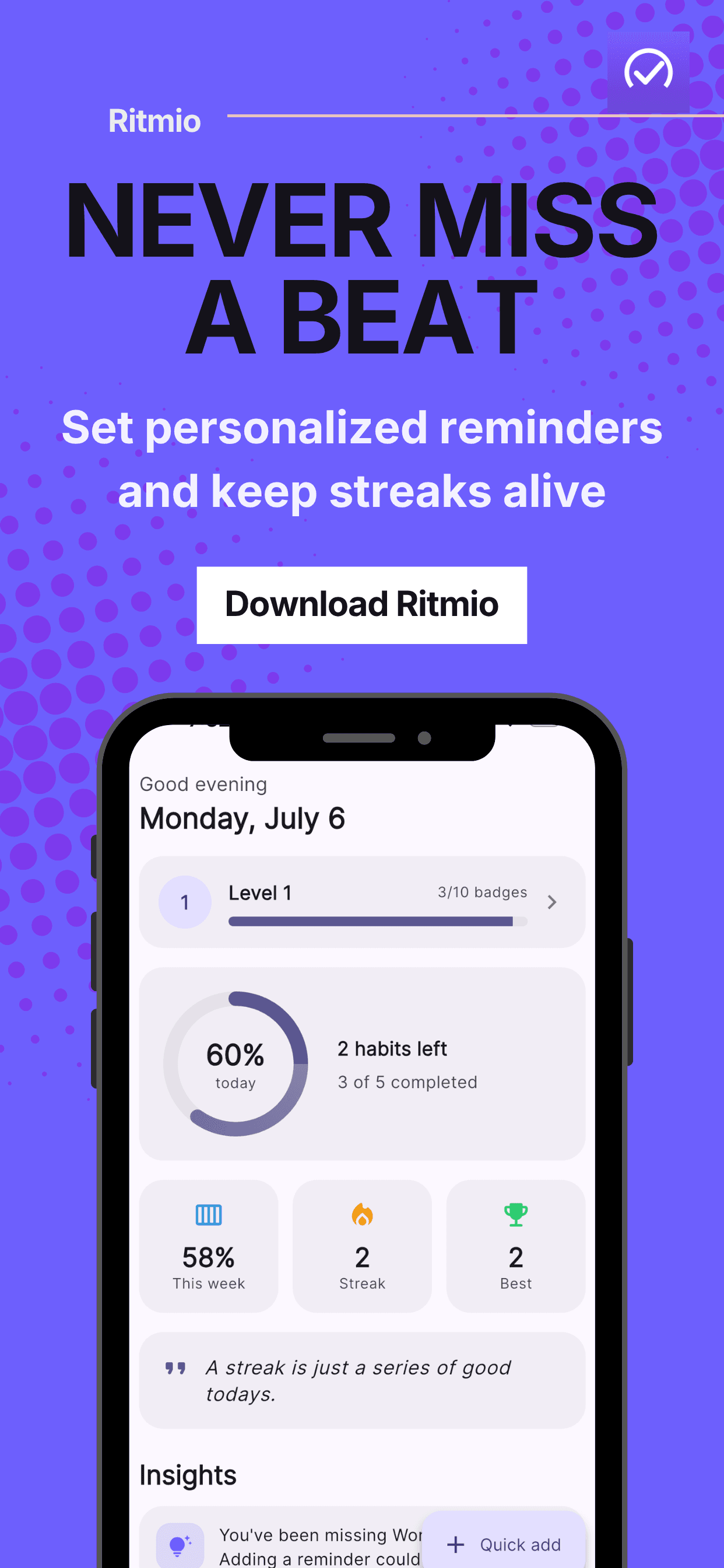 Ritmio today view with the day's habits ready to check off